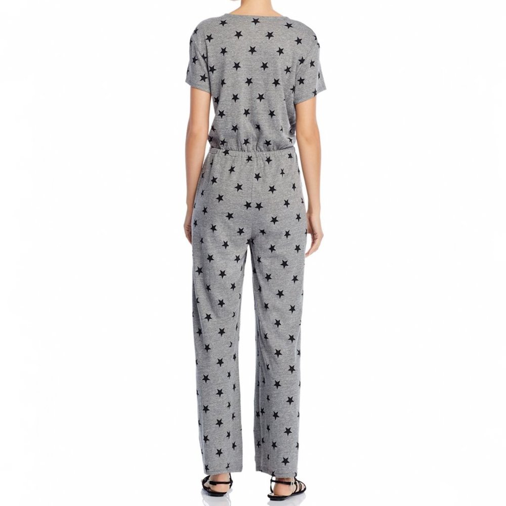 Alternative Jumpsuit Women Faux Wrap V-Neck Star Print Straight Leg Knit Gray - Picture 2 of 7
